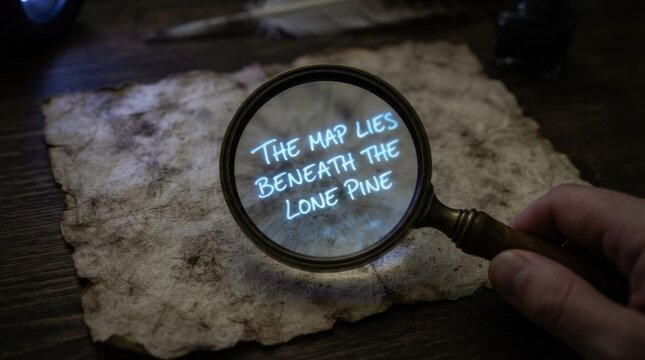 Magnifying glass reveals secret message on old parchment with inkwell and quill