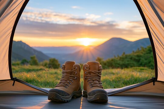 Pair Of Hiking Boots At Tent Entrance Looking At Mountain Sunrise View Concept Of Outdoor Adventure Camping Trekking And Wilderness Travel