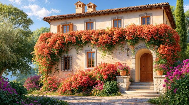 Sun Drenched Italian Villa Facade Covered In Blooming Orange Bougainvillea Flowers Concept Of Tuscan Countryside Luxury Real Estate And Mediterranean Travel Destination