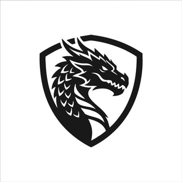 Dragon head side profile inside a protective shield emblem with creature heraldic silhouette strength mythical illustration