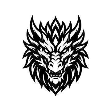 Fierce dragon head mascot in black and white silhouette style with creature mythical silhouette aggressive ferocious strength