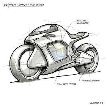 Urban commuter pod motorcycle sketch with enclosed wheels and full body fairing motorcycle commuter enclosed transportation