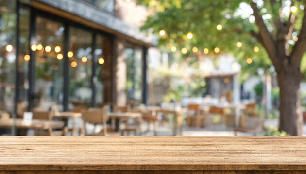 Empty wooden tabletop in front of a blurred restaurant patio with glowing lights