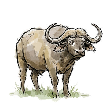 Watercolor painting of an adult african buffalo standing in grass with wildlife watercolor painting illustration landscape