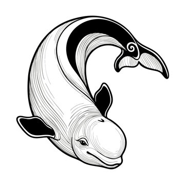 Stylized black and white drawing of a beluga whale swimming with elegant fluid lines swimming wildlife illustration minimalist