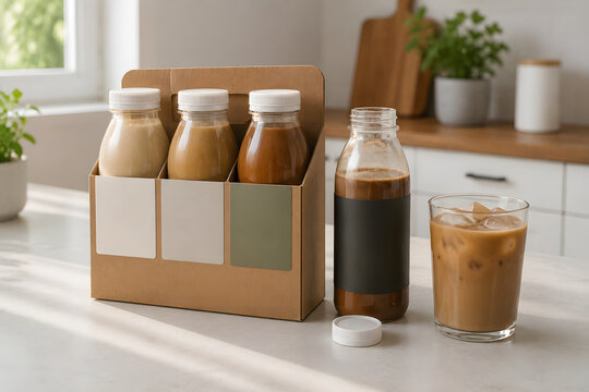 Protein coffee bottles and iced coffee are displayed with a cardboard beverage carrier on a bright kitchen counter for a ready-to-drink product concept.