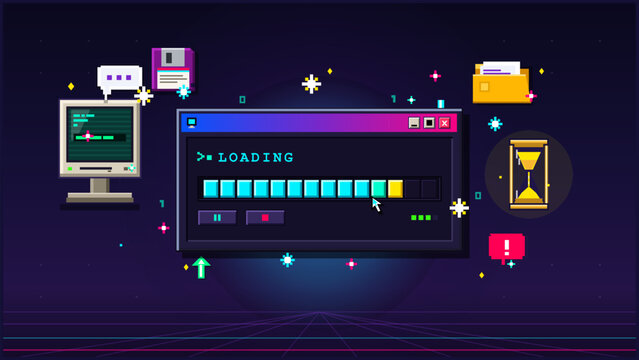 Pixel art vector illustration showing a retro computer loading interface with progress indicators and technology icons