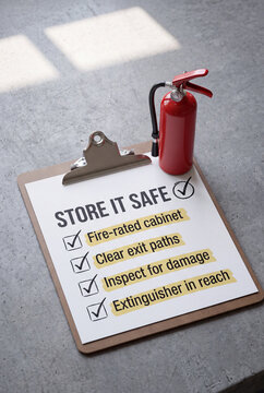 Fire Safety Checklist and Extinguisher: A clipboard displays a fire safety checklist with items like Fire-rated cabinet and Extinguisher in reach checked, next to a red fire extinguisher.
