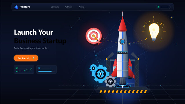 Dark website landing page features a launching rocket with gears, a target, light bulb, navigation, and call-to-action elements
