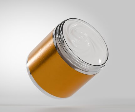 3d cosmetics jar container tub with swirled cream inside, gold label, white background