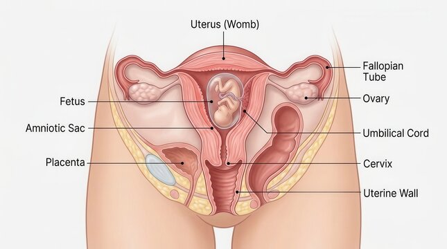 Detailed Anatomical Illustration Of The Female Reproductive System With Developing Fetus In Uterus