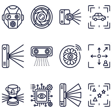 Set of computer vision and sensor technology line icons featuring object recognition facial scanning lidar systems machine vision image recognition camera sensor AI vision biometric scan