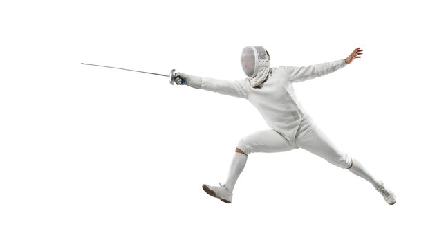 Fencer in protective gear executing a forward lunge isolated on transparent background PNG