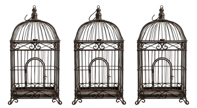 Three vintage metal birdcages with ornate wire scrollwork isolated on a clean white background
