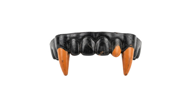 Black and orange plastic vampire fangs isolated on a clean white background for Halloween