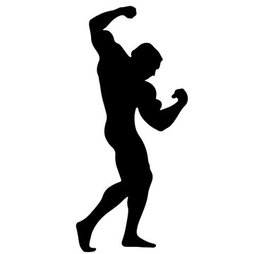 A clean black vector silhouette of a classic bodybuilding side pose, ideal for fitness branding, gym logos, and athletic graphic design projects.