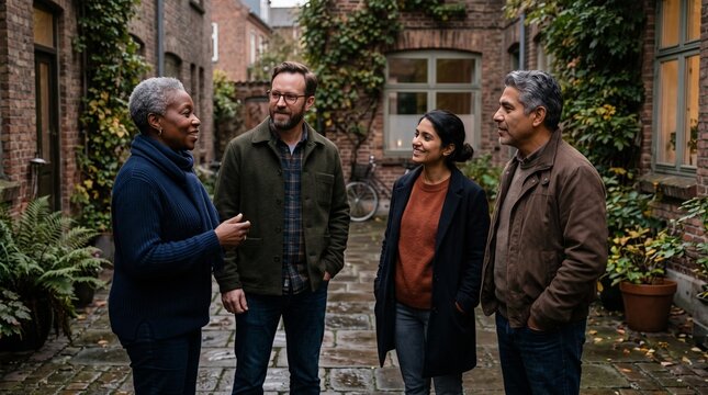 Diverse group of four friends in their 40s and 50s conversing outdoors in a charming brick courtyard