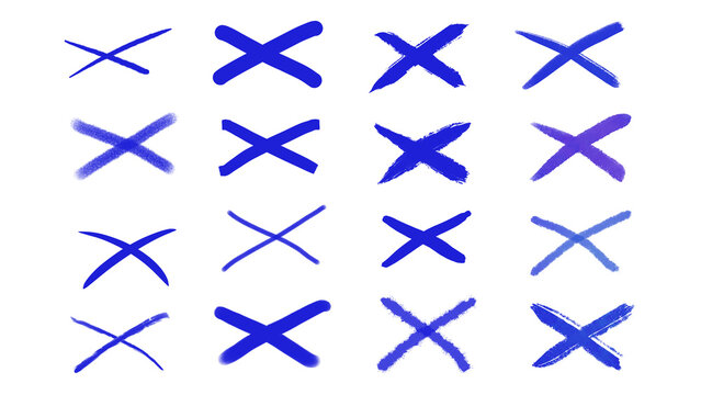 Set of Blue Hand Drawn Watercolor Cross Marks and Brush Stroke X Symbols or cross sign Isolated on transparent Background