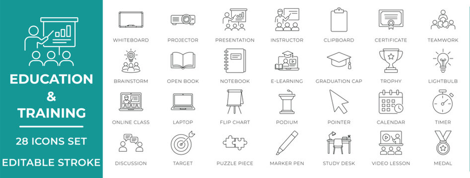 Training and Education Workshop line icons set. E-learning and school icons with editable stroke graduation cap, presentation, certificate, brainstorm, and whiteboard. Vector illustration.