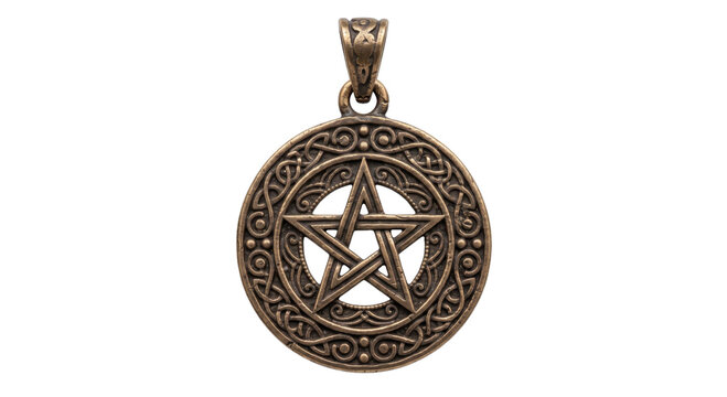 Bronze pentacle pendant with intricate Celtic knotwork isolated on a clean white background