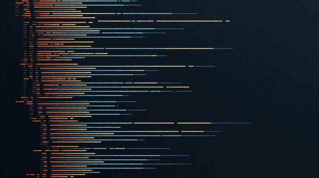 Abstract digital code snippet on dark background. Colorful glowing lines represent programming language, data flow, software development. Minimalist web script design for tech concept, computer