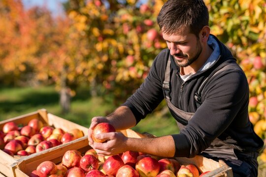 Farmer Picking Ripe Red Apples Into a Wooden Crate
