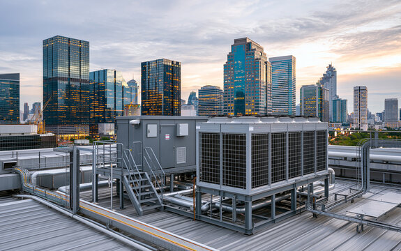 Hvac rooftop unit on commercial building with city skyline. Air conditioning system, ventilation equipment. Industrial cooling technology, mechanical engineering infrastructure. Urban facility