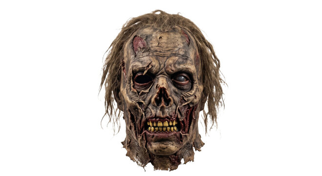 Detailed horror zombie mask with realistic decaying skin texture and messy hair on white background