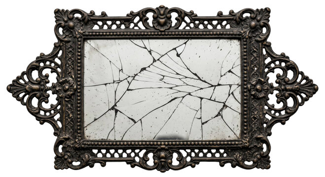 Ornate vintage mirror frame with a shattered glass surface isolated on a white background