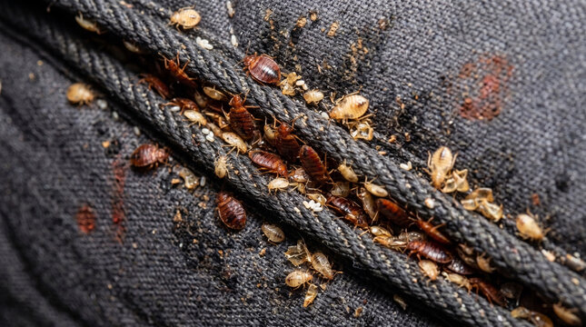 Extreme macro close-up of a bed bug infestation on a mattress seam