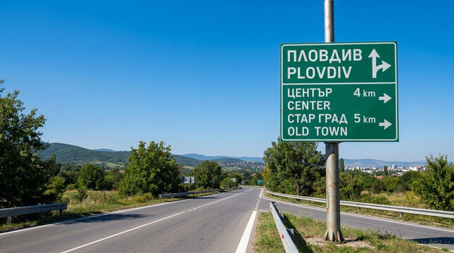 Bulgarian Road Sign Directing Towards Plovdiv Old Town Center
