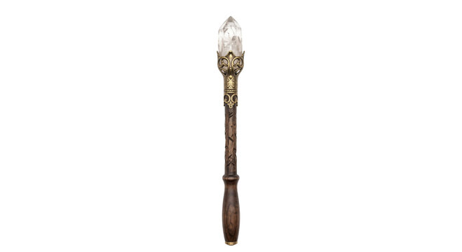 Ornate wooden magic wand with a clear quartz crystal point set in an intricate brass metal mount