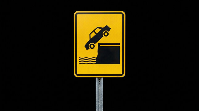 Cautionary Road Sign Warning Drivers Of Cliff Edge Drop Into Water