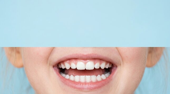 Close up photo showing a childs wide cheerful smile with clean healthy teeth on isolated blue bac