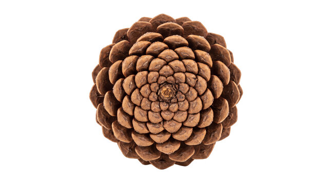 Symmetrical pine cone top view, natural brown cedar rose cone with geometric spiral pattern, rustic forest botanical element for winter decor isolated PNG with Transparent Background