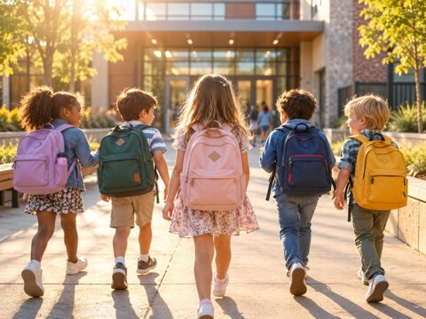 Children walking to school with backpacks
