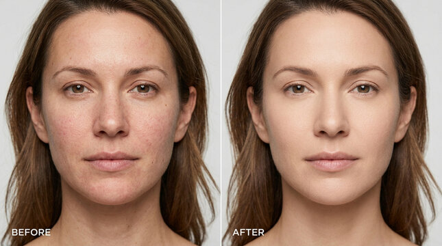 Woman's Face Before and After Makeup Application and Skincare Results