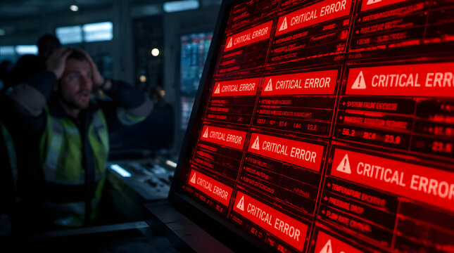 Stressed IT professional reacts to critical error messages on a large screen.