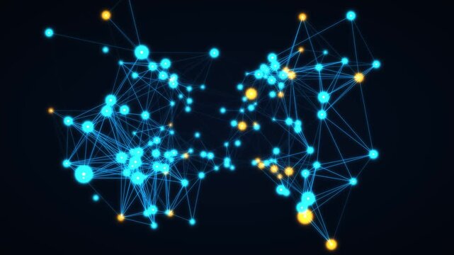 Quantum cyan neural network plexus and deep learning nodes rotating in 3D space, abstract 4K video loop background.