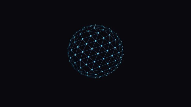 Three dimensional spherical artificial intelligence neural network core with glowing synapses, tech video loop.