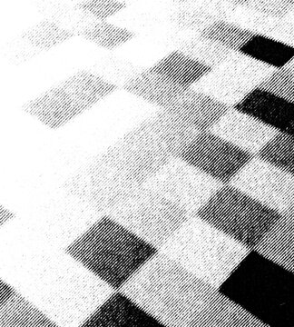 Sparse diagonal square tiles fade across a grainy monochrome halftone print.