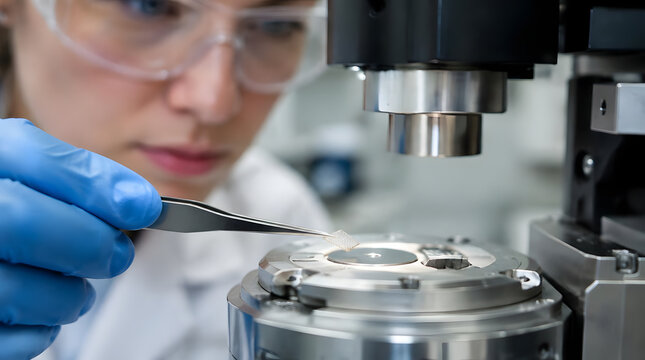 Scientist carefully places sample with tweezers under advanced laboratory equipment.