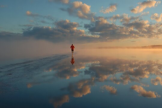 A persons reflection in a calm lake during a morning run