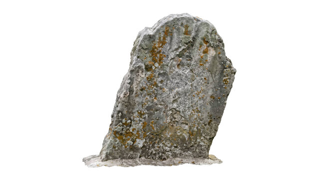 Weathered natural stone monolith with orange lichen isolated on a clean white background