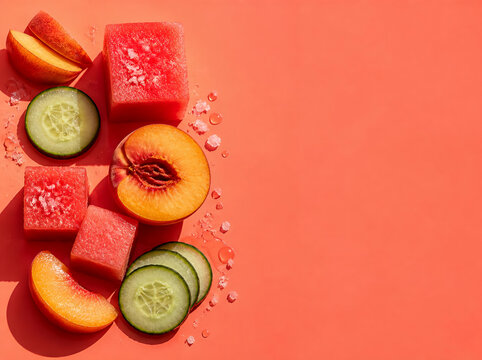 Bright flat lay of juicy watermelon cubes, ripe peach and cucumber slices with sea salt flakes on a coral background, refreshing summer food ad with copy space 2026
