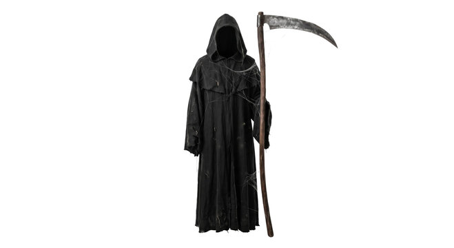 Grim reaper figure in a tattered black hooded robe holding a large rusted metal scythe weapon