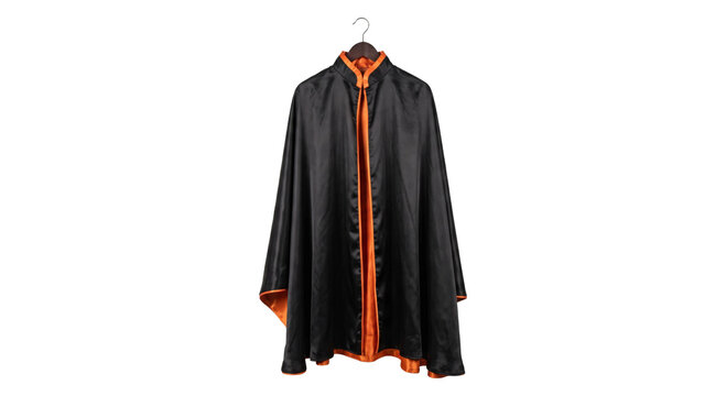 Black and orange reversible satin cape hanging on a wooden hanger against a white background