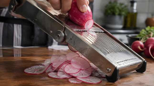 Hand slicing fresh red radishes with a professional metal mandoline on a wooden board.