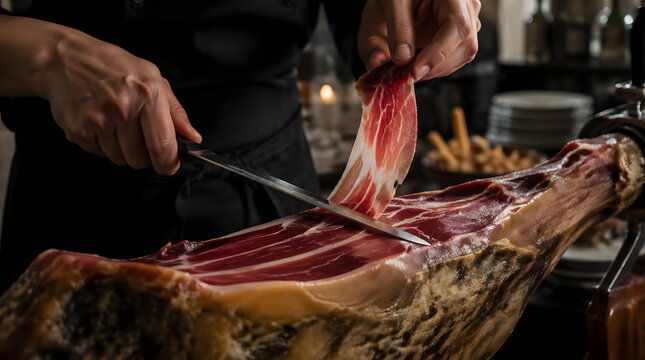 Professional chef slicing thin pieces of traditional Spanish cured ham.