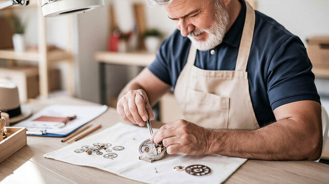 Experienced Clockmaker Adjusting Gears At Wooden Workshop Bench